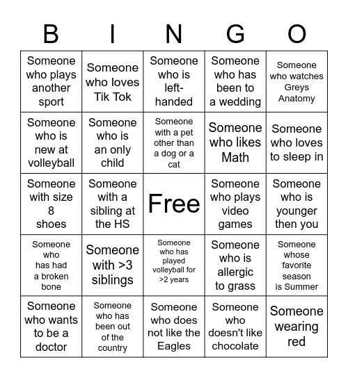 Volleyball Bingo Card