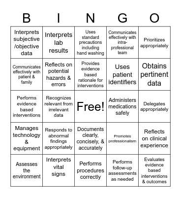 Clinical Evaluation Outcomes Bingo Card