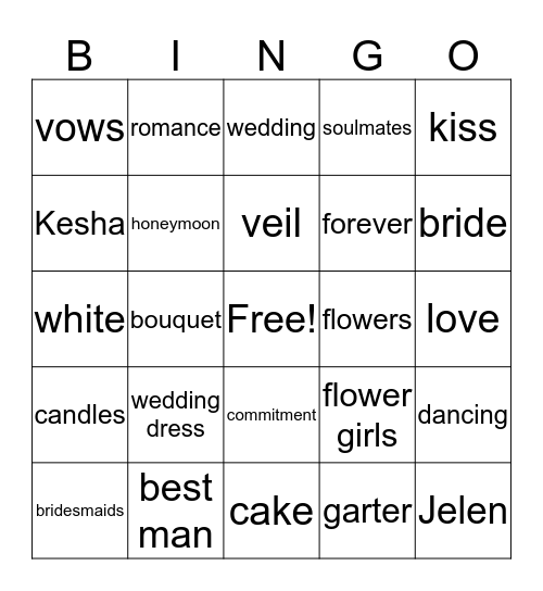 Kesha's Bridal Shower Bingo Card