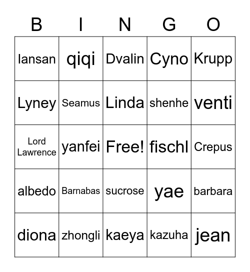 genshin Bingo Card