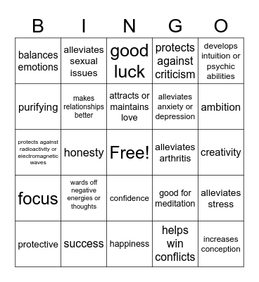 Crystal Healing Bingo Card
