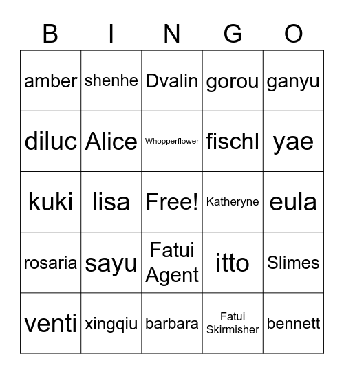 Bingo Cosplay de Genshin Bingo Card