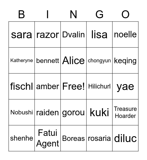 Bingo de Genshin Bingo Card