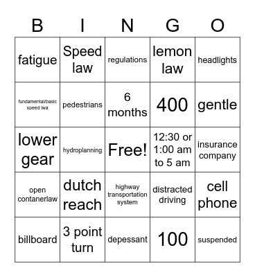 Driver's Ed Bingo Card