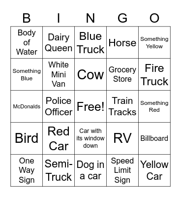 Road Trip Bingo Card