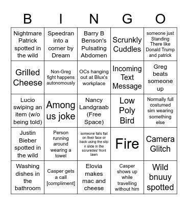 Sims 4 Stream Bingo Card