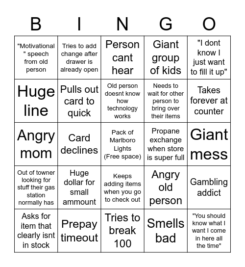 Gas Station Bingo Card