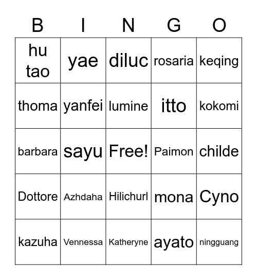 GENSHIN COSPLAY BINGO Card