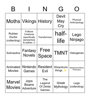 Special Interests/Other Interests Bingo Card