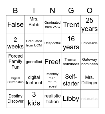 Beginning of year Bingo Card