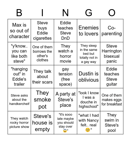 Steddie fanfic bingo Card