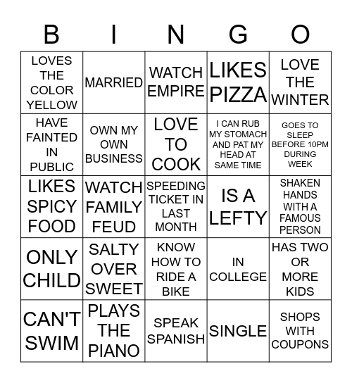 LIFE EXPERIENCES BINGO Card