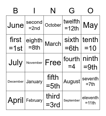 Months and Ordinal Numbers Bingo Card