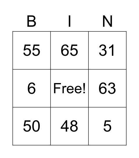 Number Bingo 1-10 Bingo Card