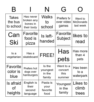 Ms. Robinson Summer School getting to know you Bingo Card