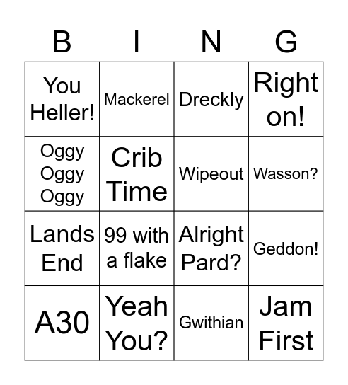 Sports Day Cornish Bingo Card