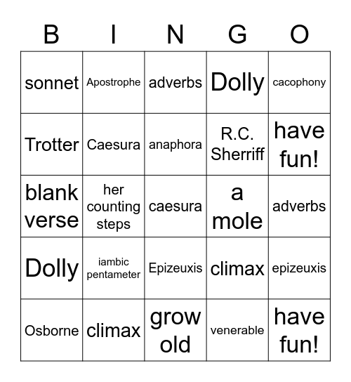 English End-of-Year Bingo Card