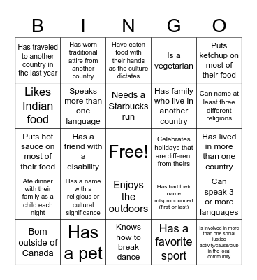 Cultural Diversity Bingo Card