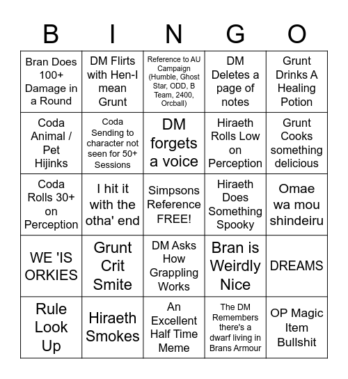 DnD Bingo Card