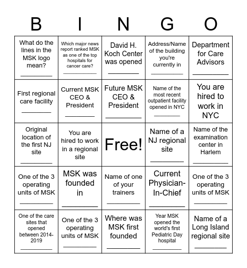 Intro to MSK Bingo Card