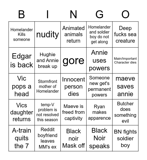 The Boys Finale Bingo Card