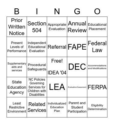 Special Education Bingo Card