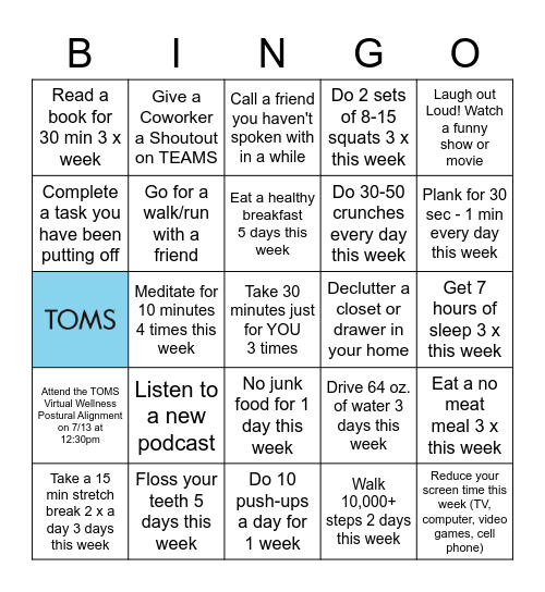 Wellness Bingo - Week 2 Bingo Card