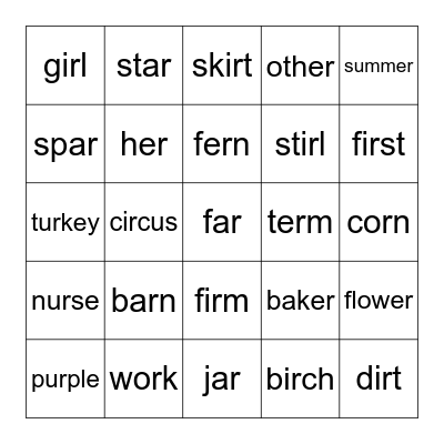 -ar, -er, -ir, -or, -ur Bingo Card
