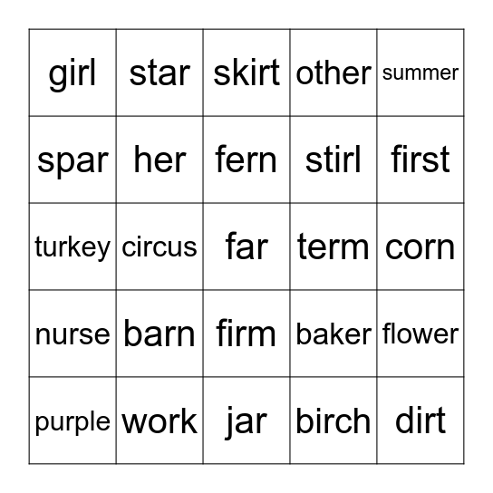 -ar, -er, -ir, -or, -ur Bingo Card