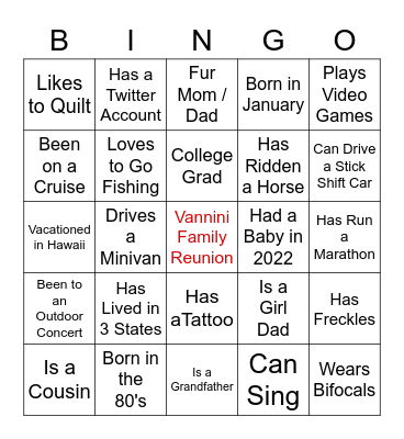 Family Reunion Bingo Card