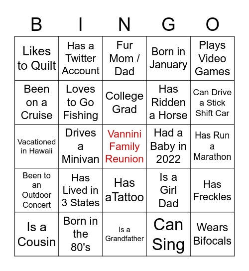 Family Reunion Bingo Card