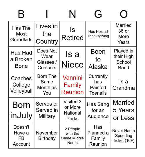 Family Reunion Bingo Card