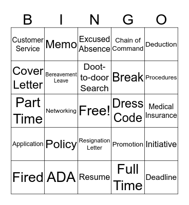 Occupational Vocabulary Bingo Card