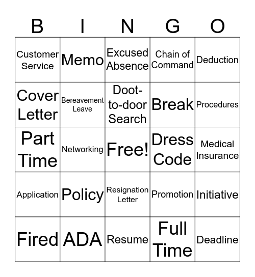 Occupational Vocabulary Bingo Card