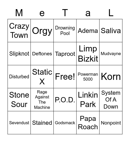 Nu-Metal Bingo Card