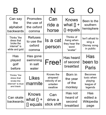 Hackathon Icebreaker Bingo Card
