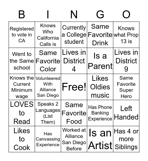 Alliance San Diego Bingo Card