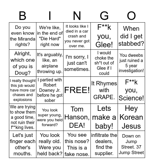 21 Jump Street Bingo Card
