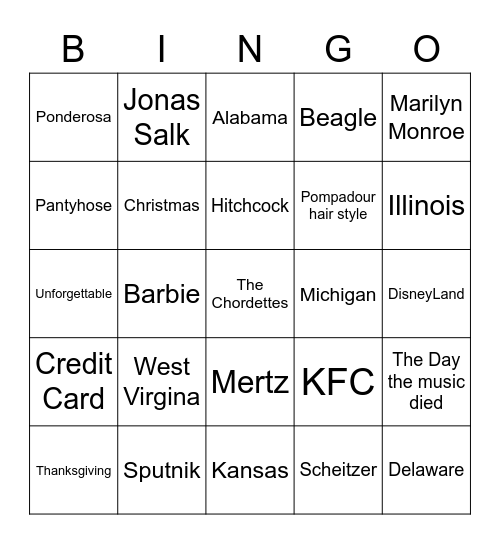 50's Trivia Bingo Card