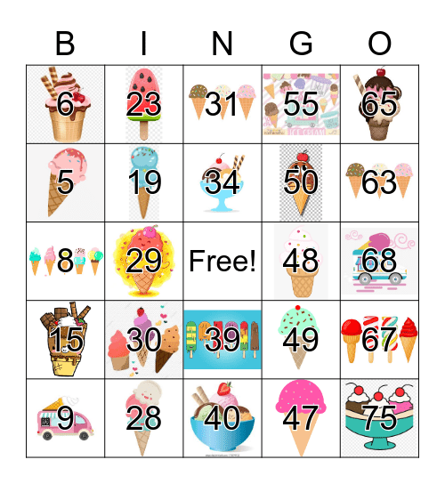Ice Cream 1-75 Bingo Card