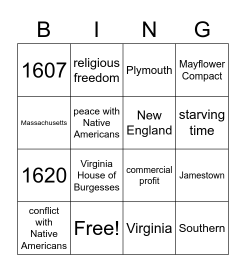 Jamestown and Plymouth Bingo Card