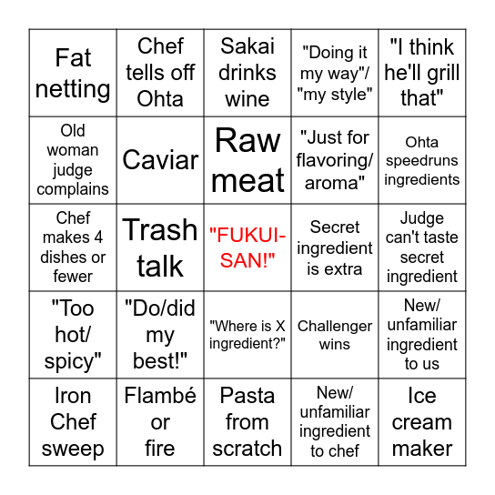 Iron Chef Bingo Card