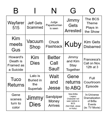 Better Call Saul Bingo Card