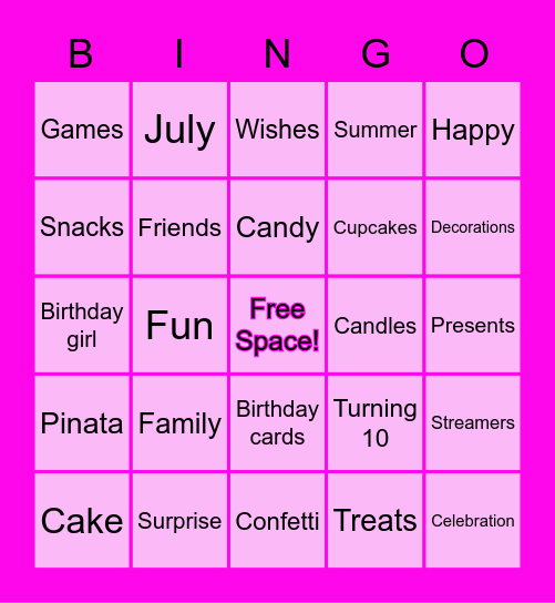 10th Birthday Bingo Card