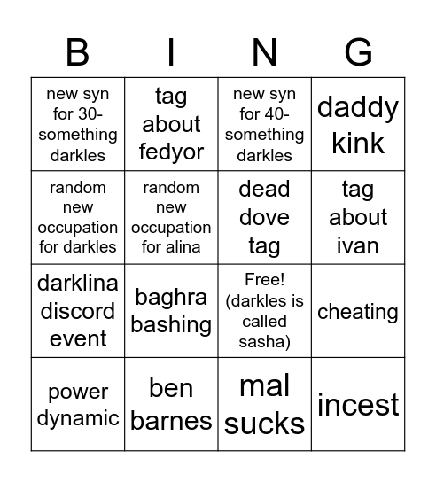 Grisha Bingo Card