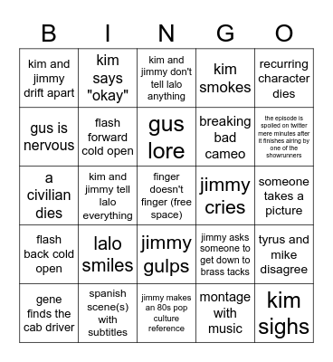 Better call Saul 6x8 Bingo Card