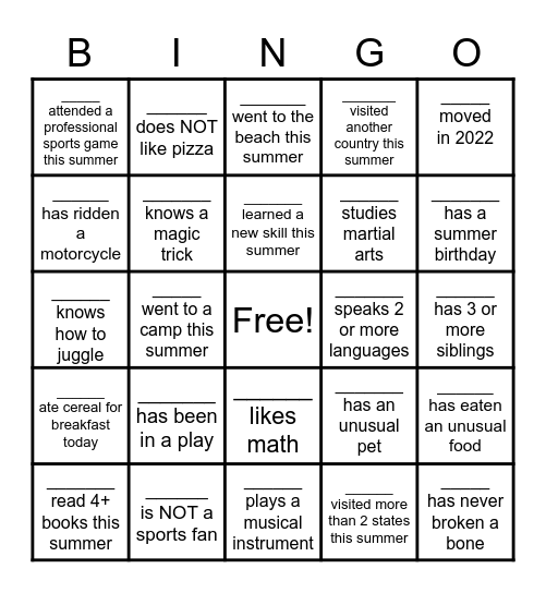 Classmates BINGO Card