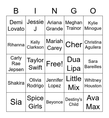 Pop Star Bingo Card