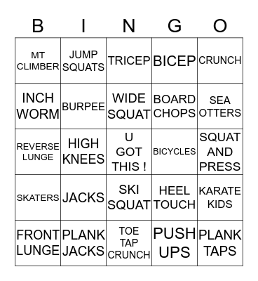 Fitness Bingo Card