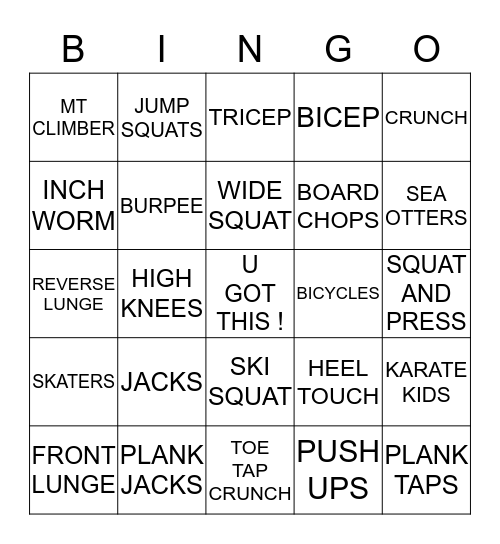 Fitness Bingo Card